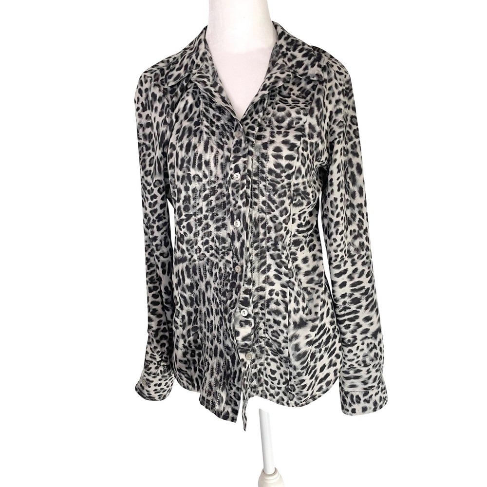 Covington Womens Leopard Print Pleated Button Down Blouse Grey Black Medium